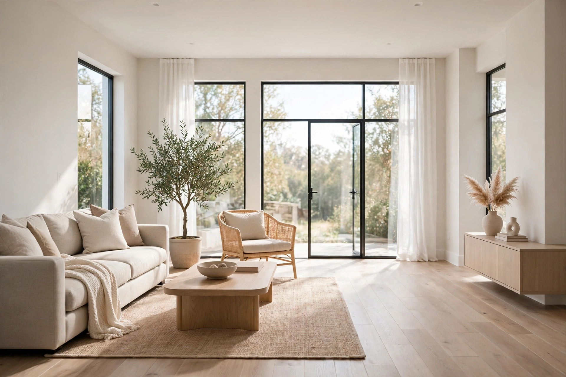 Bright, airy living room with large windows and neutral modern furnishings