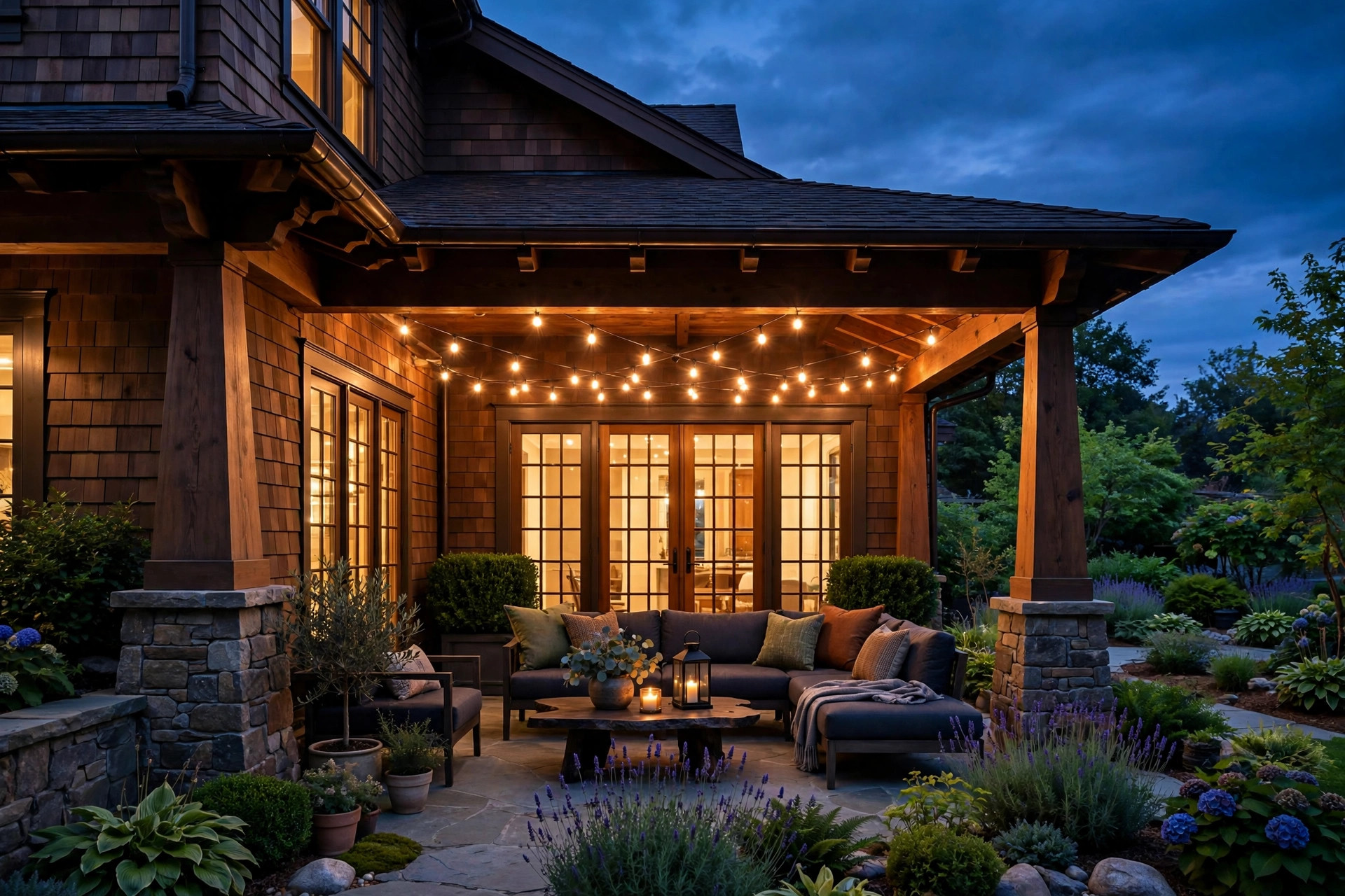 Craftsman-style back patio glowing with string lights under a twilight sky